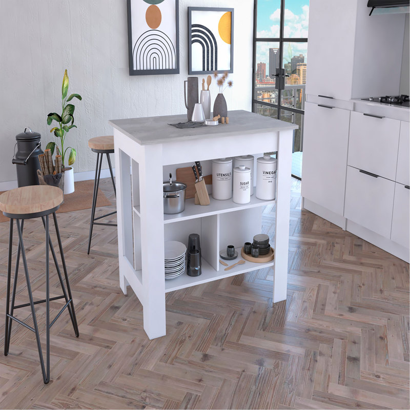 Îlot de cuisine, quatre pieds, trois tablettes, Gris clair / blanc, H 35,4 po x l 40,5 po x P 27,5 po