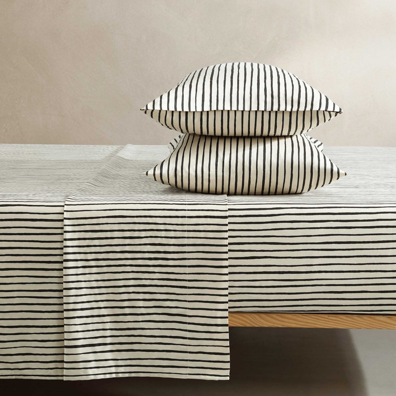 Marimekko Printed Organic Cotton Percale Sheet Sets, King Sheet Set with 2 Pillowcases, Black Striped
