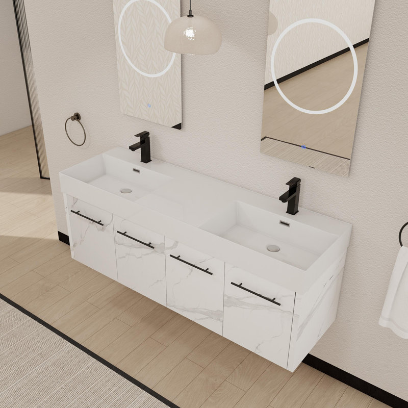 Meuble-lavabo mural 60 po avec lavabo épais 60 po, Blanc