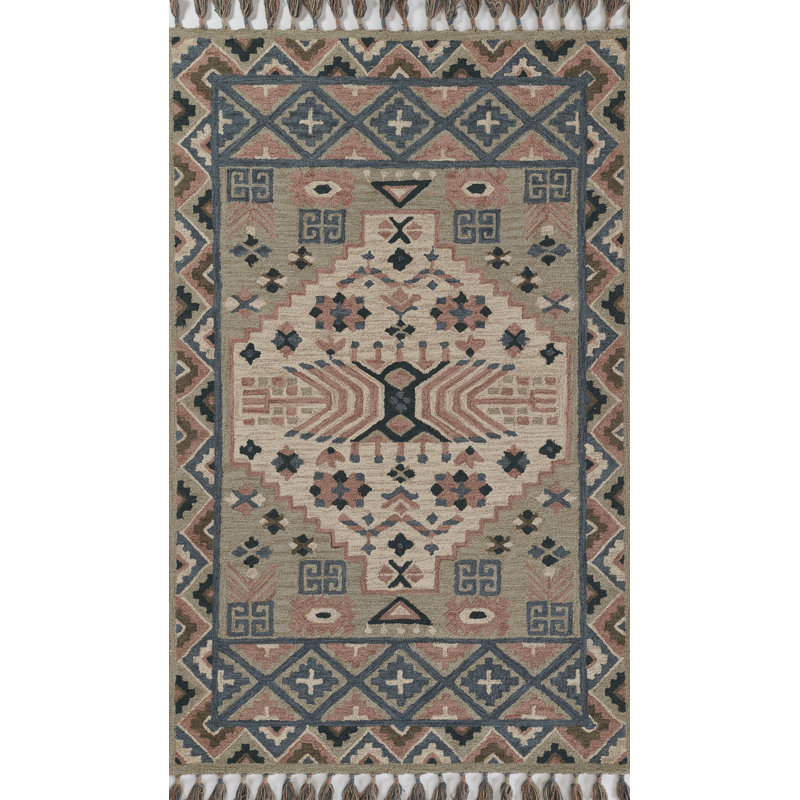 Tapis gris / bleu sarcelle en laine touffeté à la main Anine Southwestern, Rectangle 7 pi 6 po x 9 pi 6 po