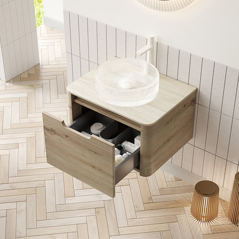Meuble-lavabo de salle de bain avec lavabo rond en verre transparent, armoire de rangement flottante avec tiroir, 24"