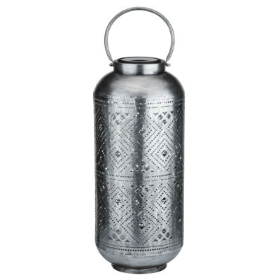 25" Metal Cylinder Shadow Solar Lantern with Decorative Perforated Floral Pattern and Top Handle - Bronze