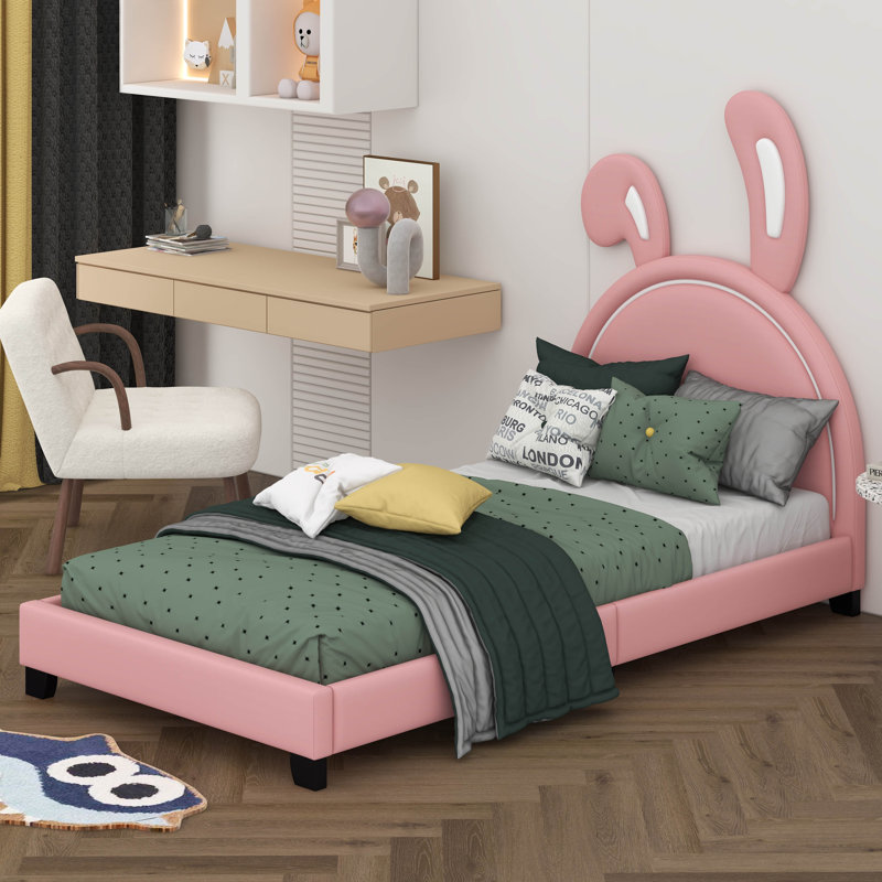 Lit plateforme tapissier en similicuir, Simple, Rose