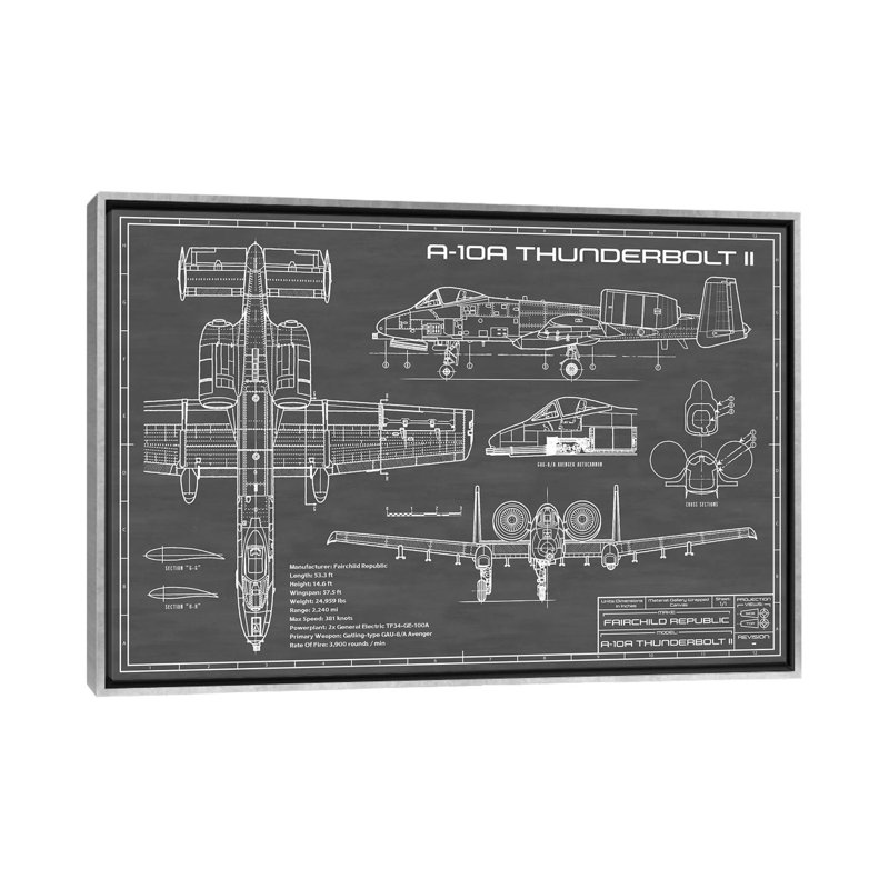 A-10 Thunderbolt II-imprimé de dessin, Pas de tapis, Toile avec cadre argent, H 26 po x l 40 po x 1,5 po
