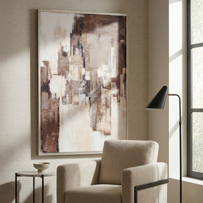 Modern Canvas Shadow Box Wall Art Print with Acrylic Frame for Home Decor -Unique Artwork Painting for Living Room Wall Display - 60", Brown & Ivory