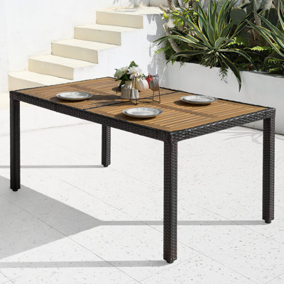 Patio Dining Table For 6, Acacia Wood Top, Pe Rattan-wrapped Metal Frame