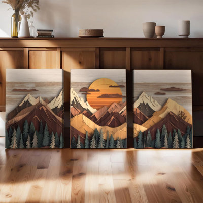 3PCS Wall Arts Posters Framed, Wooden Mountain Landscape Wall Art with Sunset and Pine Trees Canvas Print Rustic Natural Home Decor for Living Room Bedroom Office Decoration Modern Boho Wood Grain Wall Artwork Set of 3