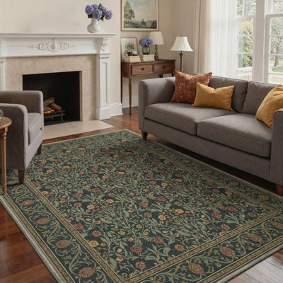 Vineyard Floral Vines Machine Washable Sage Indoor Area Rug With Non-Slip Backing