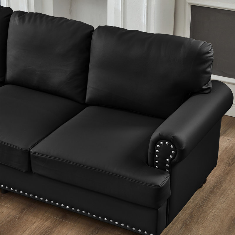 83" Modern Classic Design with Nails Living Room Three Seater Sofa Fabric Couch, Black