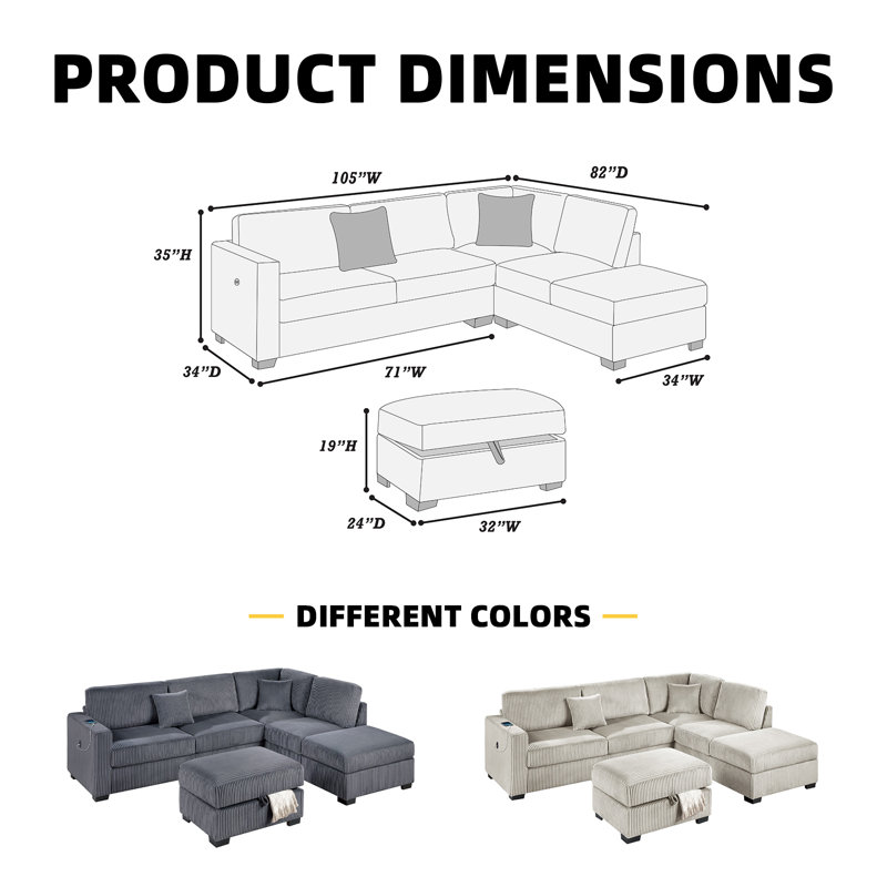 Canapé modulaire modulaire 3 pièces avec charge USB et repose-pieds avec rangement, Gris foncé