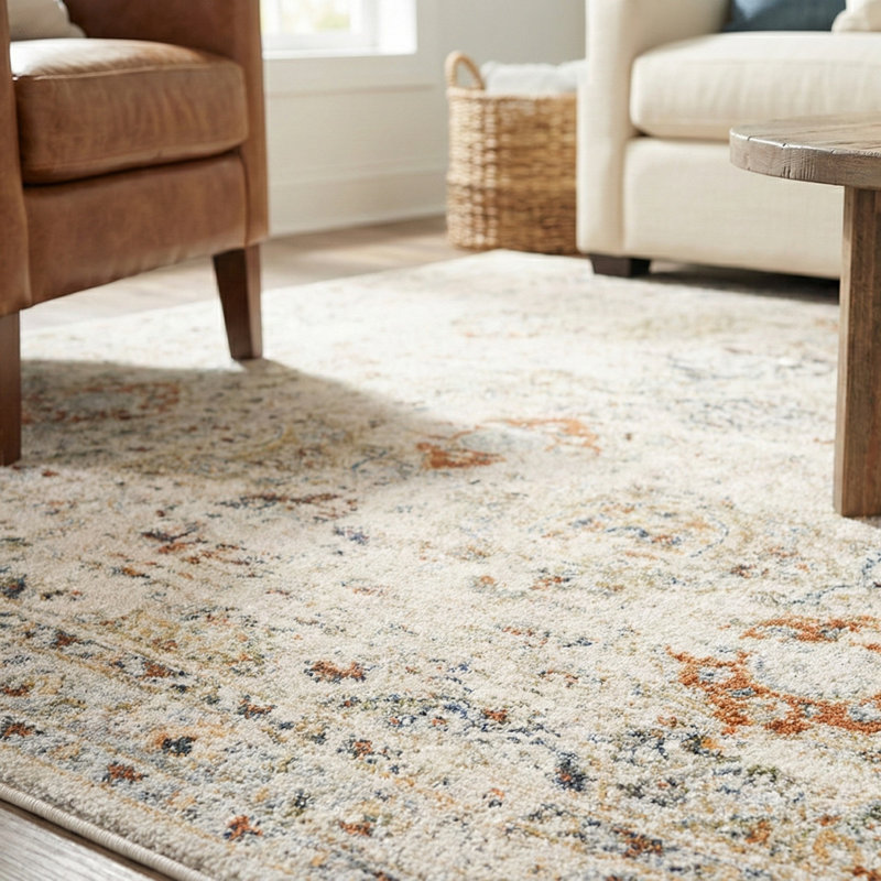 Tapis rétro délavé à motif médaillon floral traditionnel oriental crème beige 5 x 7 (5 pi 3 po x 7 pi 3 po)