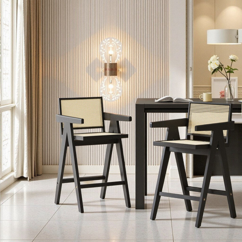 Ensemble de 2 tabourets de bar modernes 27 po avec siège en bois d'hévéa, Noir