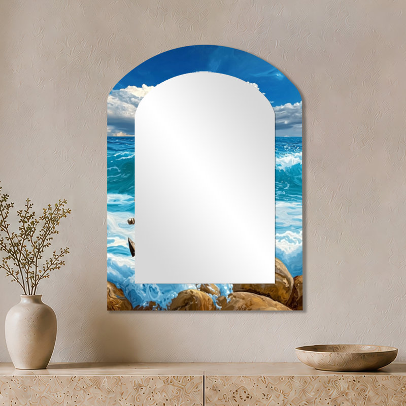 Miroir mural décoratif côtier - Ancre sur les rochers, impression sur métal, 34" x 25"