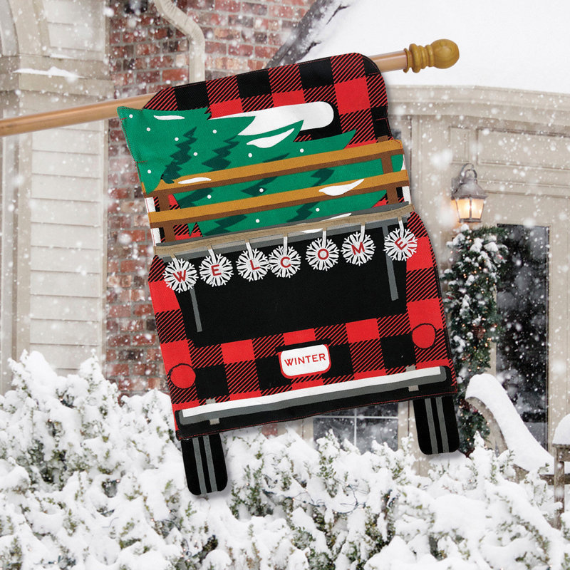Red Checkered Truck Domnic Burlap House Flag, Red/Green/Black/Brown