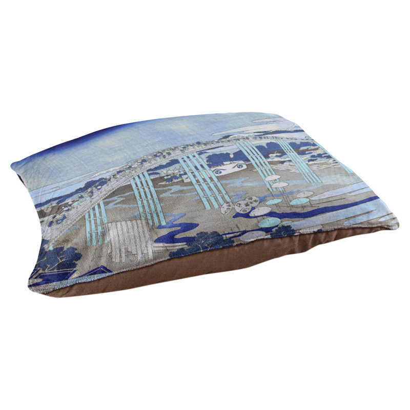 Coussin de conception japonaise bridge Burkart, L 19,5 po x l 29,5 po, Bleu / brun foncé