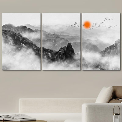 Abstrait, paysage, chinois, fumée, dragons, sur, montagnes, nature, désert, illustrations, art moderne, culture
