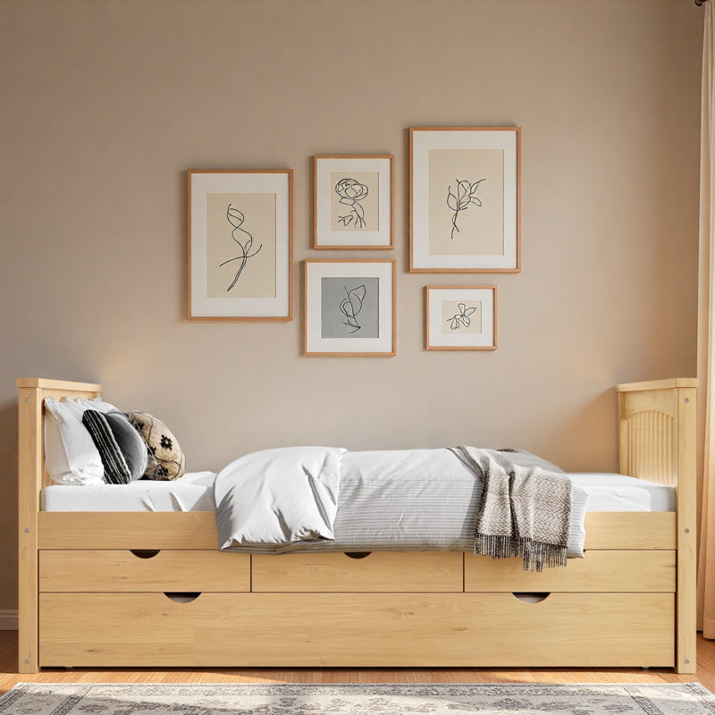 Platform Bed With 3 Drawers And Trundle, Natural