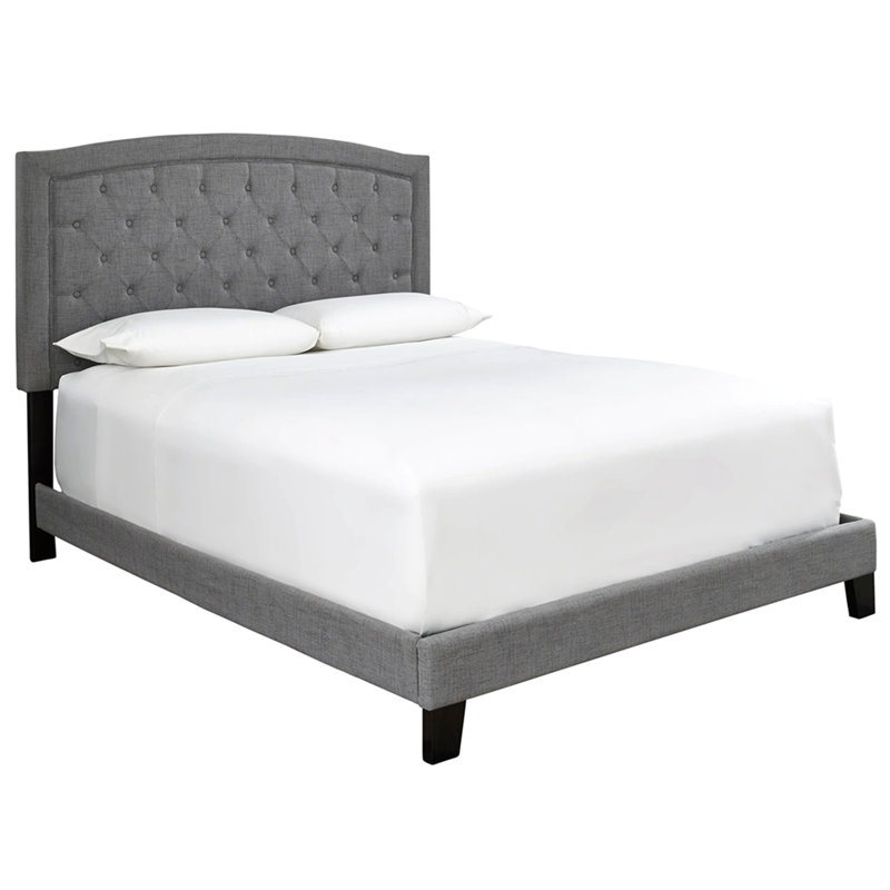 Structure de lit tapissier moderne en fibre de lin avec tête de lit rembourrée, support de lattes en bois robuste, aucun sommier tapissier requis, fabrication robuste, style de chambre à coucher contemporain épuré, assemblage facile
