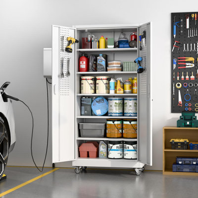 72" H Garage Storage Cabinets with Wheels,Metal Storage Cabinets with Door Pegboard for Garage Home Office Storage,Assembly Required