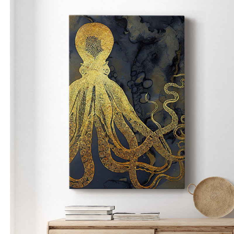 Octopus Ink Gold & Blue I, toile tendue avec châssis de qualité supérieure - prête à être accrochée