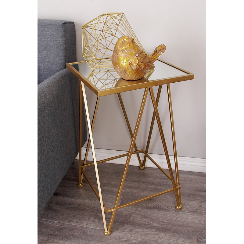 Giglio Metal Side End Gold Accent Table with Mirrored Glass Top Set, Gold