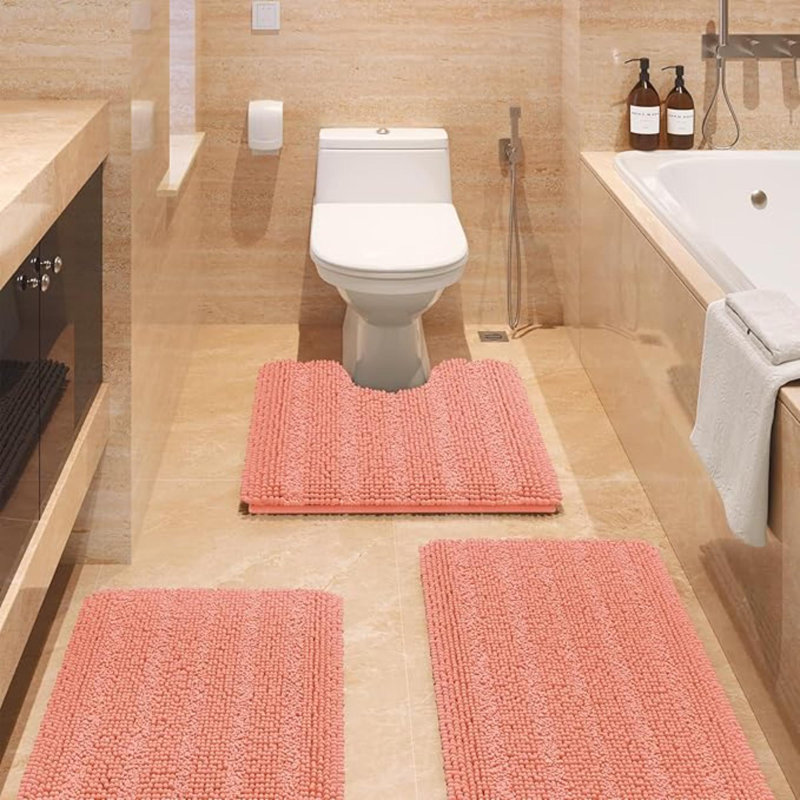 Striped Brown Bathroom Rug Set 3 Pieces Ultra Soft, Non Slip Chenille Toilet Mat, Absorbent Plush Shaggy Bath Mats For Bathroom, Bedroom, Kitchen