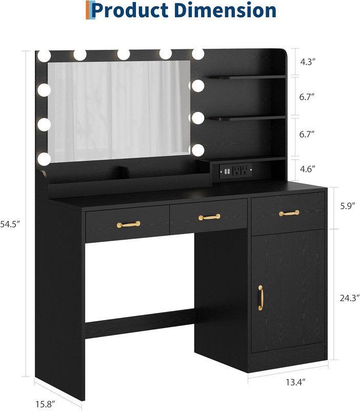 Meuble-lavabo à DEL avec miroir, 11 ampoules et prise de courant, 3 tiroirs et tablettes de rangement, table de maquillage moderne pour la chambre à coucher