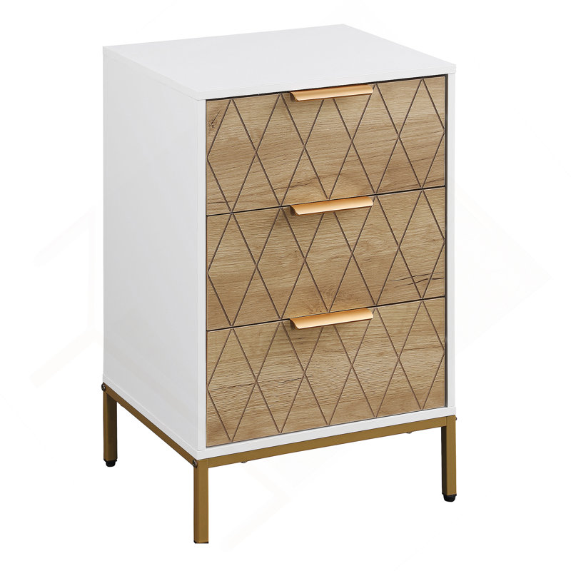 Nightstand With 3 Drawers, Mid-Century Modern End Table,Gold Metalfeet, Gold Metal Handles , Drawer Panels Are Shaped By Cutting Lines,End Table For Bedroom,White And Natural