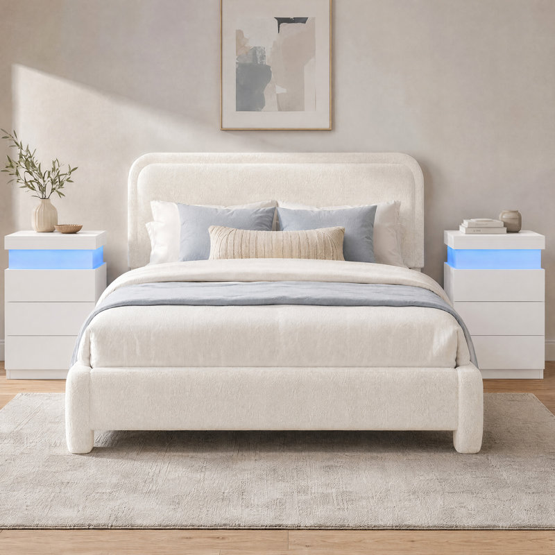 Lit tapissier Teddy, Beige/White, Lit simple