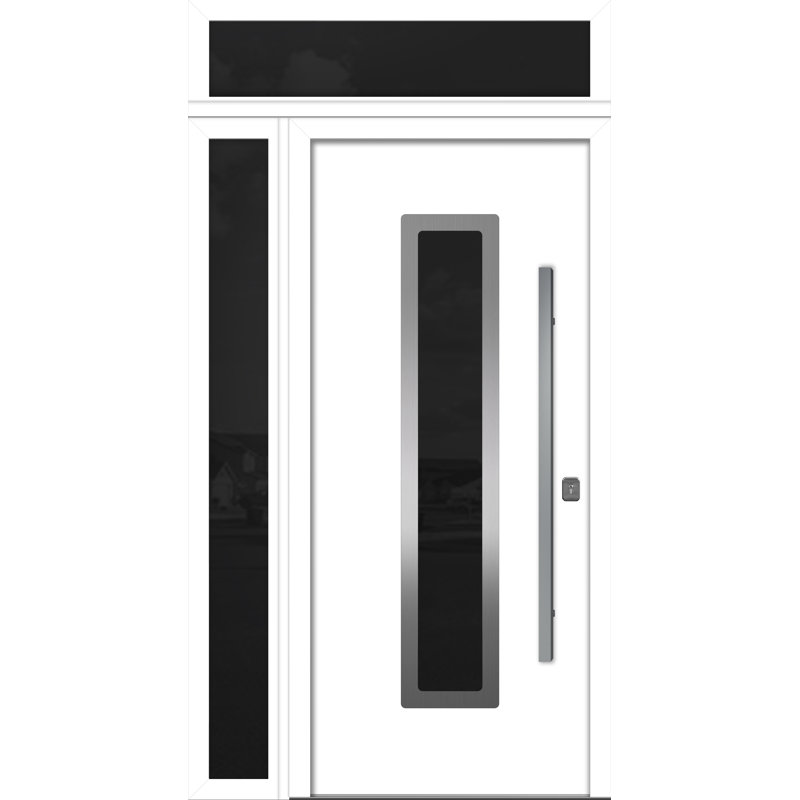 Porte d'entrée extérieure moderne en acier 36 po x 80 po - Inox SI avec éclairage latéral et traverse, Blanc