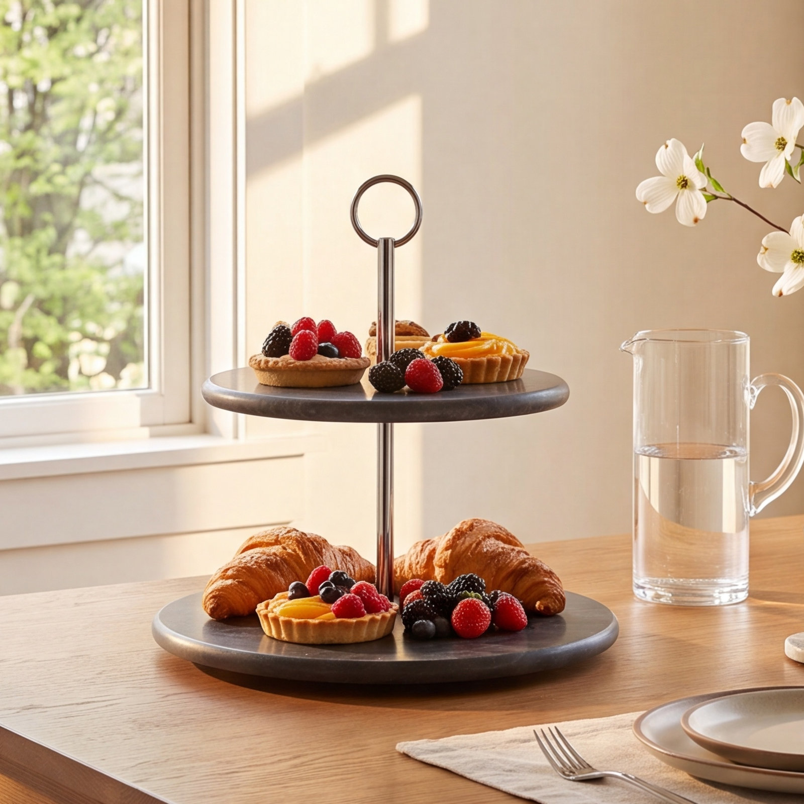 Genuine Marble Tiered Stand, Black Matte