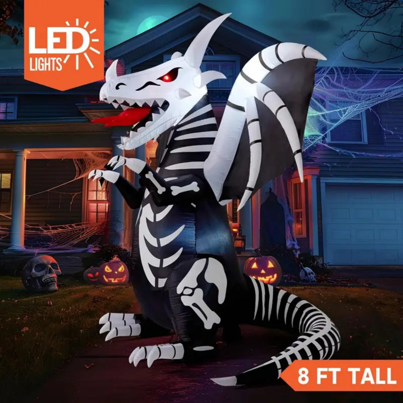 Dragon squelette gonflable effrayant d'Halloween avec yeux rouges à DEL | Décoration de jardin gonflable de 8 pi de hauteur