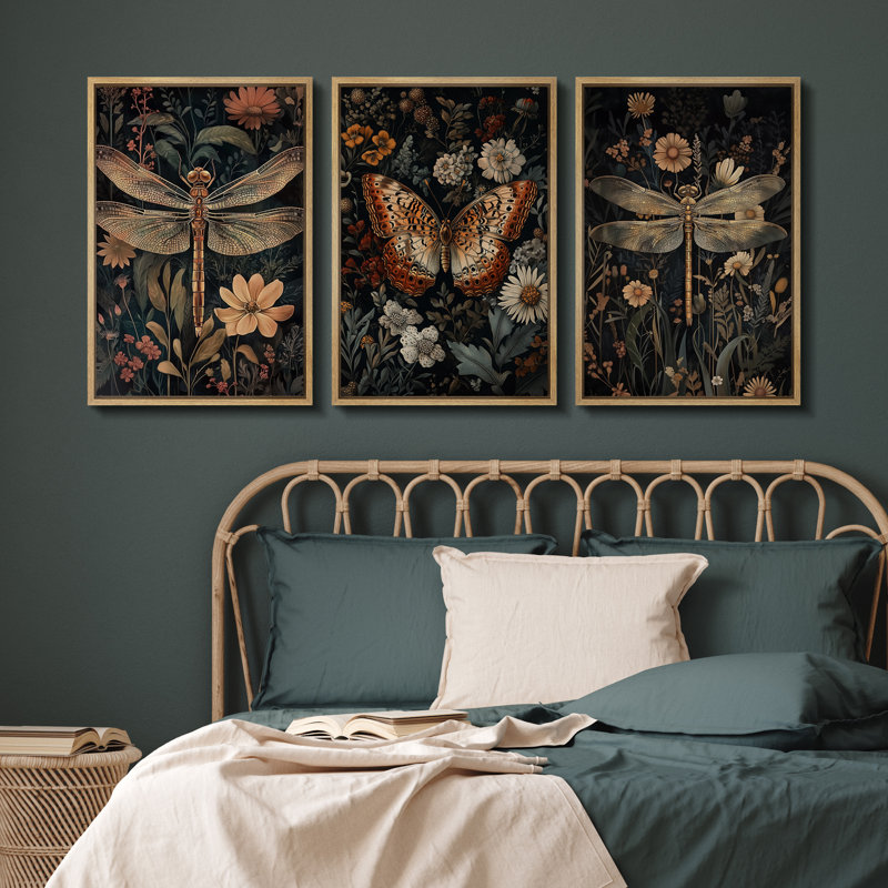 Ensemble de 3 reproductions d'art sur toile d'insectes et de fleurs rétro - Décoration de jardin papillon et libellule pour un intérieur inspiré de la nature