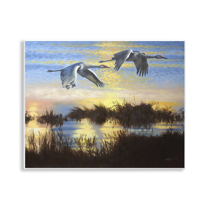"Deux grues sur un lac", art mural sur bois par D. Rust