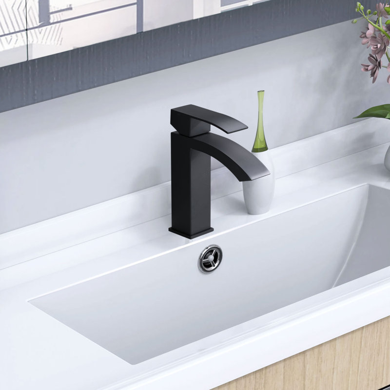 Robinet de salle de bain cascade pour lavabo monotrou, bonde escamotable avec trop-plein, poignée simple, Noir mat
