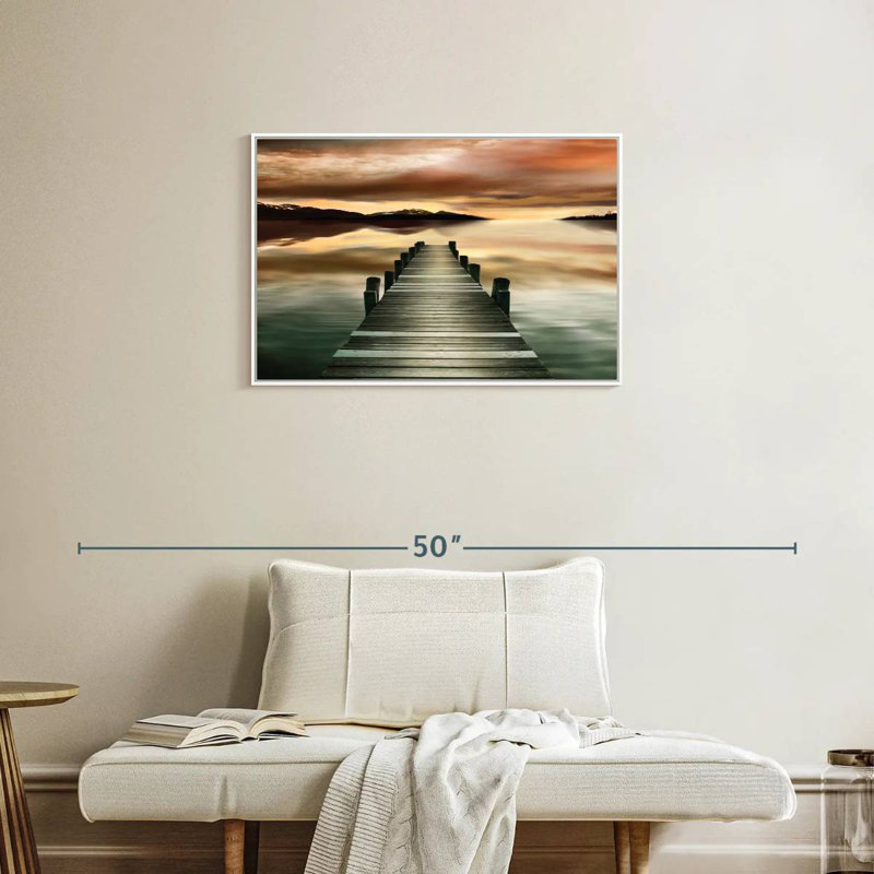 Jetée au coucher du soleil, Cadre flottant blanc, 31 po x 21 po