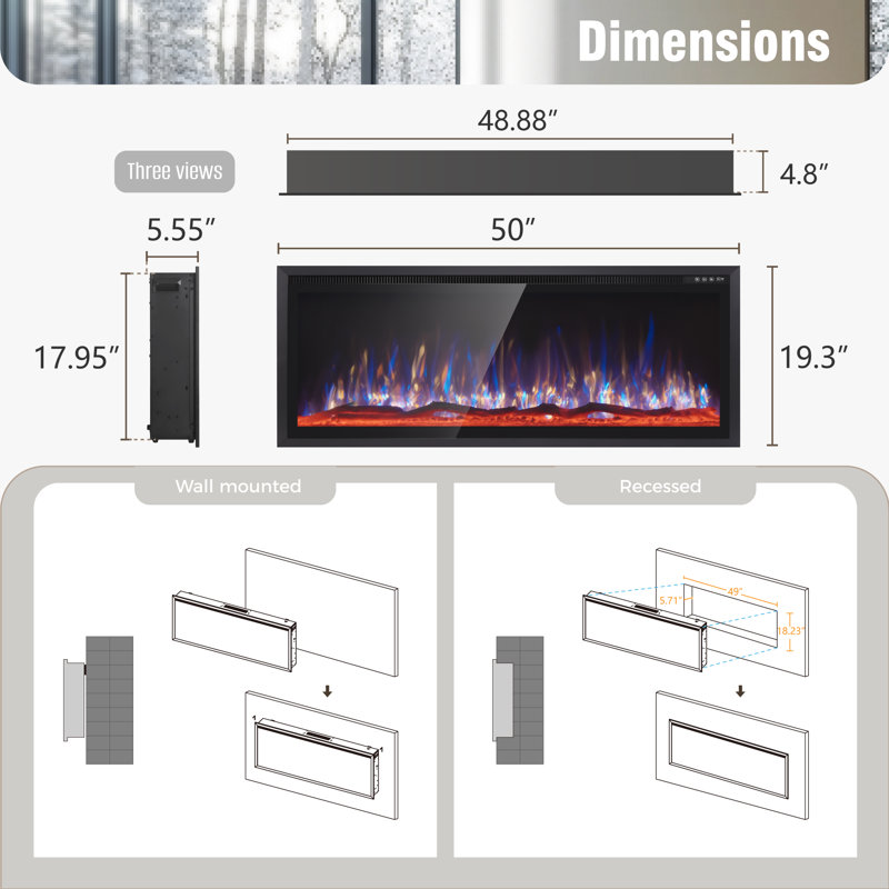 Electric Fireplace Recessed And Wall Mounted, 19.3" H x 50" W x 5.1" D