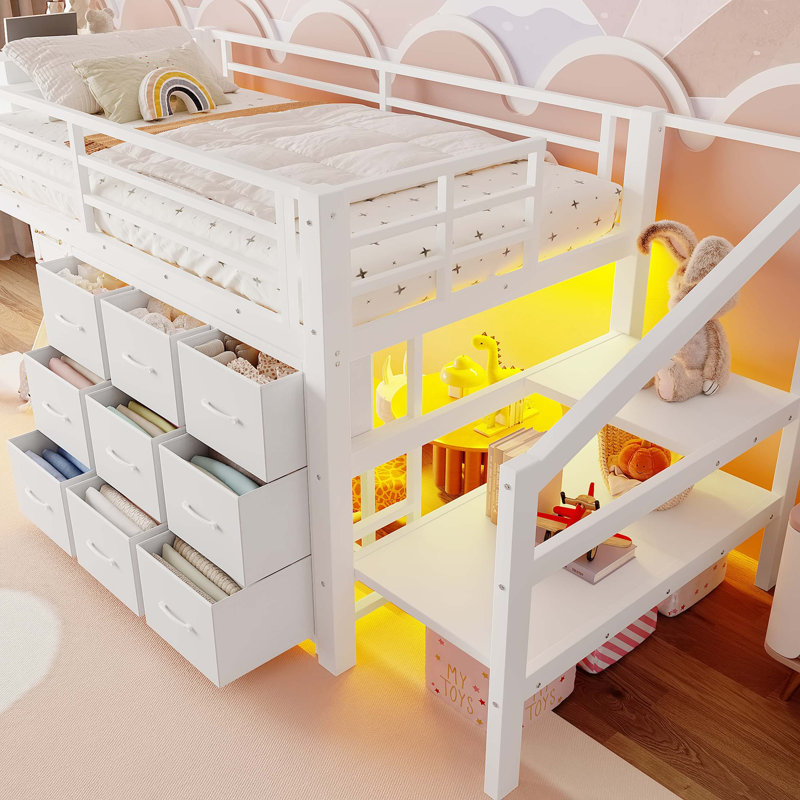 Lit mezzanine simple avec espaces de rangement multiples et lumières intégrées, Light White