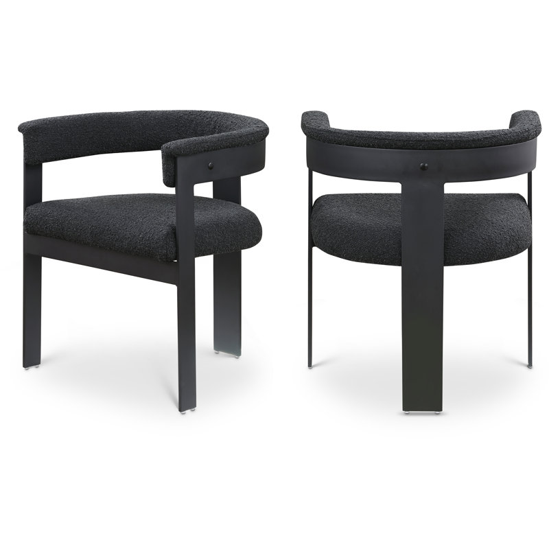Chaise avec accoudoirs sans dossier rembourrée Romeo, Thermolaquage noir mat, Tissu bouclé noir