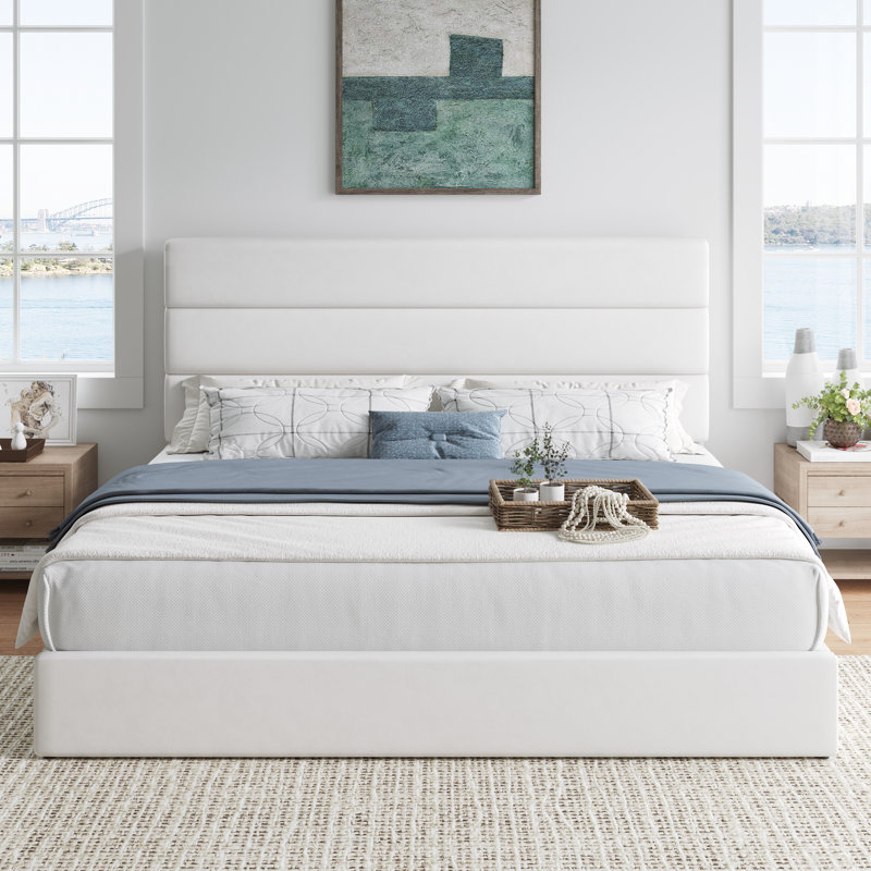  Storage Upholstered Platform Bed Frame, with 4 Drawers No Box Spring Needed, White, King