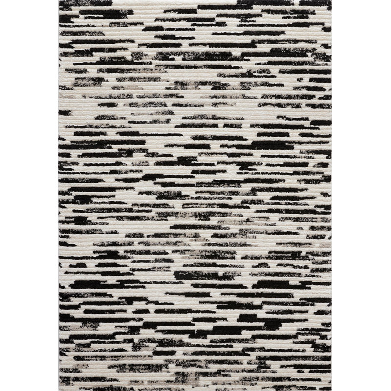 Wrought Studio Morium Eden Beige/Black Stripe Indoor Polyester Area Rug, Rectangle 5'2.99" x 7'2.61"