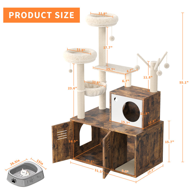 Armoire à litière moderne en bois pour chat et litière cachée - Condo à plusieurs niveaux avec poteaux à griffer, perchoirs, hamac, panier - Litière compacte pour chats d'intérieur, brun classique