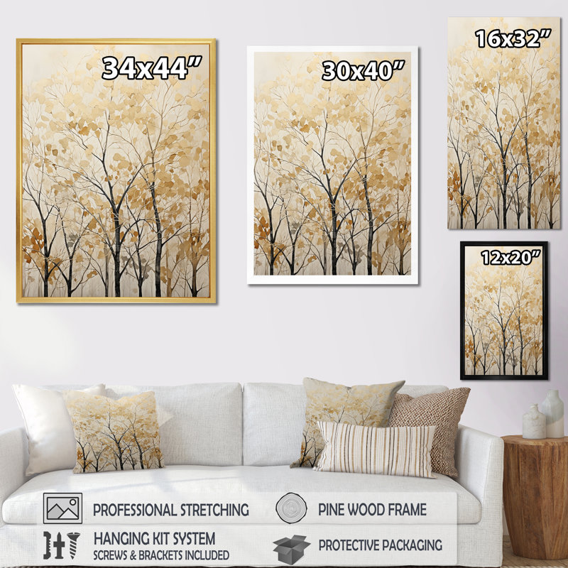 Harmonous Beige Tree Art VI, reproduction d'art sur toile, Cadre flottant blanc, H 32 po x l 24 po x P 1 po