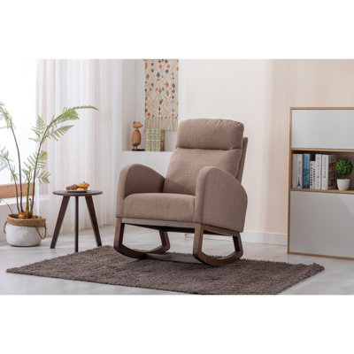 Chaise berçante, fauteuil oscillant moderne, fauteuil inclinable avec pieds en bois et poche latérale, fauteuil berçant de chambre de bébé avec dossier haut pour chambre à coucher (lin chameau)