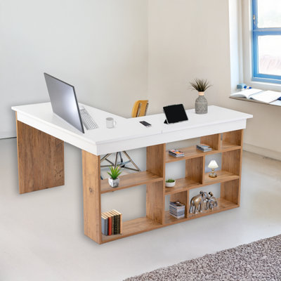 Modern Study Desk, White & Atlantic Pine, 130 x 70 x 120 cm, 100% Melamine Coated Chipboard, Thickness: 0 cm, Scandinavian Design, & Functional for Home Office & Study Spaces