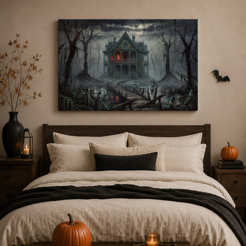 «Haunted Victorian House with Glowing Windows in Halloween», art mural sur toile, H 20 po x l 30 po