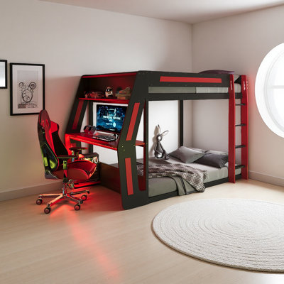 Full-Size Gaming Bunk Bed With Side-Mounted Oversized RGB Desk, USB Charging Ports & Cable Grommet, LED Light Strip