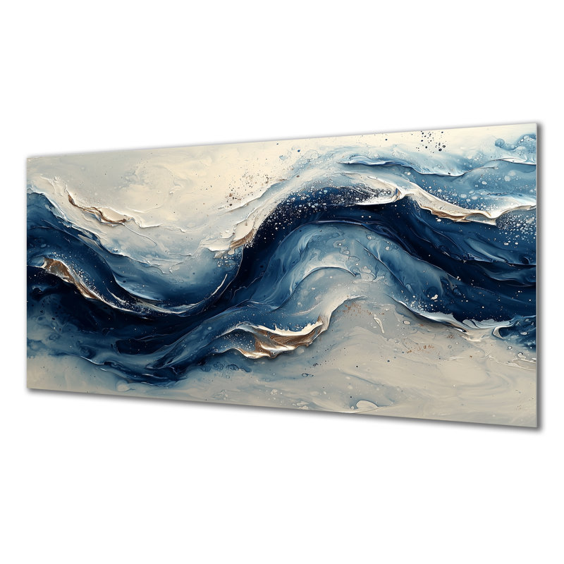 Encre bleue et grise «River Waves», peinture murale abstraite, reproduction d'art moderne en métal, H 28 po x l 60 po