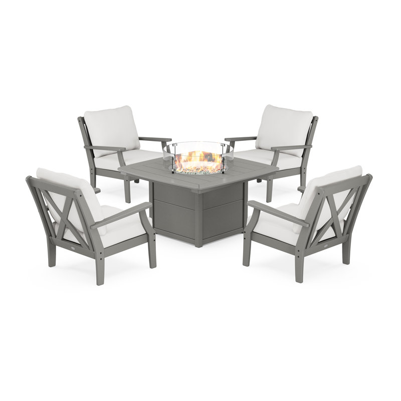 Ensemble de conversation à assise profonde 5 pièces avec foyer Braxton, Gris ardoise, Toile Sunbrella® naturel