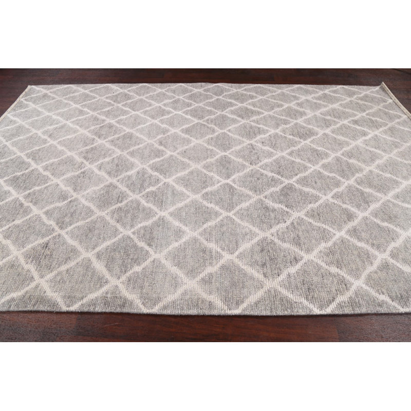Tapis gris noué à la main de conception unique 6 pi 8 po x 10 pi New Age